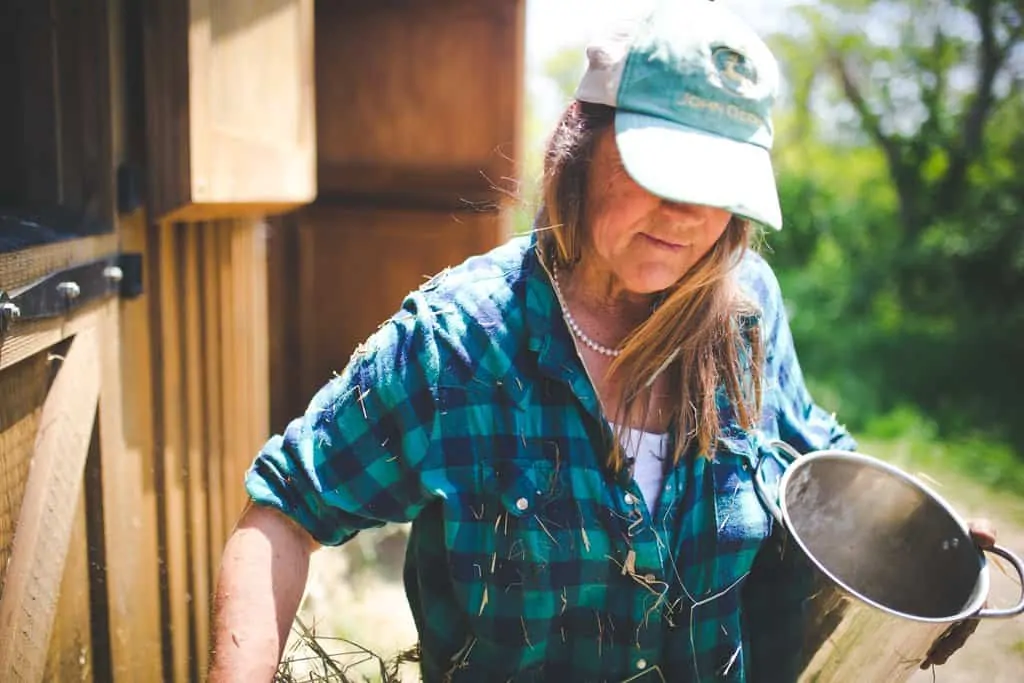 Cathy Payne, Block Island, Rhode Island farmer carries feed to farm animals