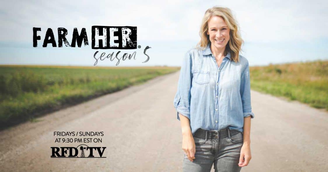 Marji stands on a gravel road in am image previewing Season 5 of FarmHer on RFD-TV.