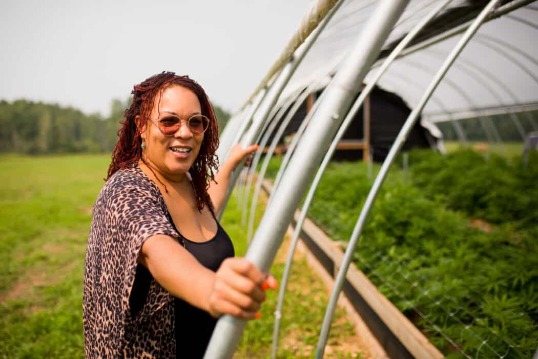 Angela Dawson, reclamation farmer and owner of Forty Acre Co-op on her farm.