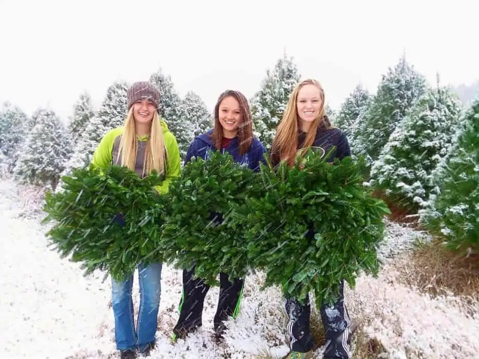 Sarah Scharlau and her sisters holding wreaths at their Christmas tree farm