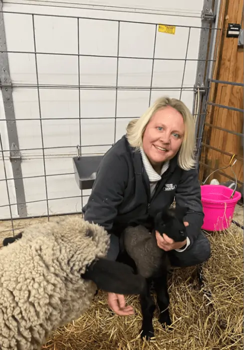Blonde woman holding sheep in barn