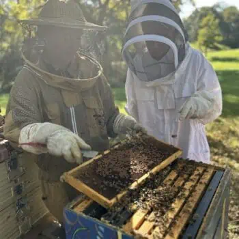FarmHER Amber Rutledge leading TV Host Kirbe Schnoor through a hive inspection on her honey operation.