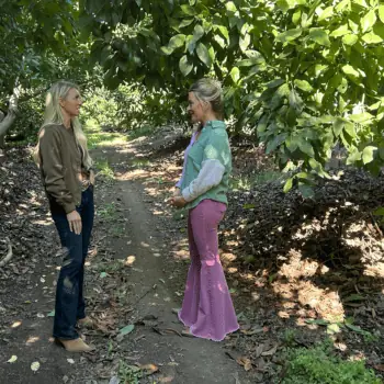 FarmHER Host Kirbe Schnoor (left) interviewing Megan Shanley Warren of Shanley Farms in an avocado grove for FarmHER Season 6 on RFD-TV.