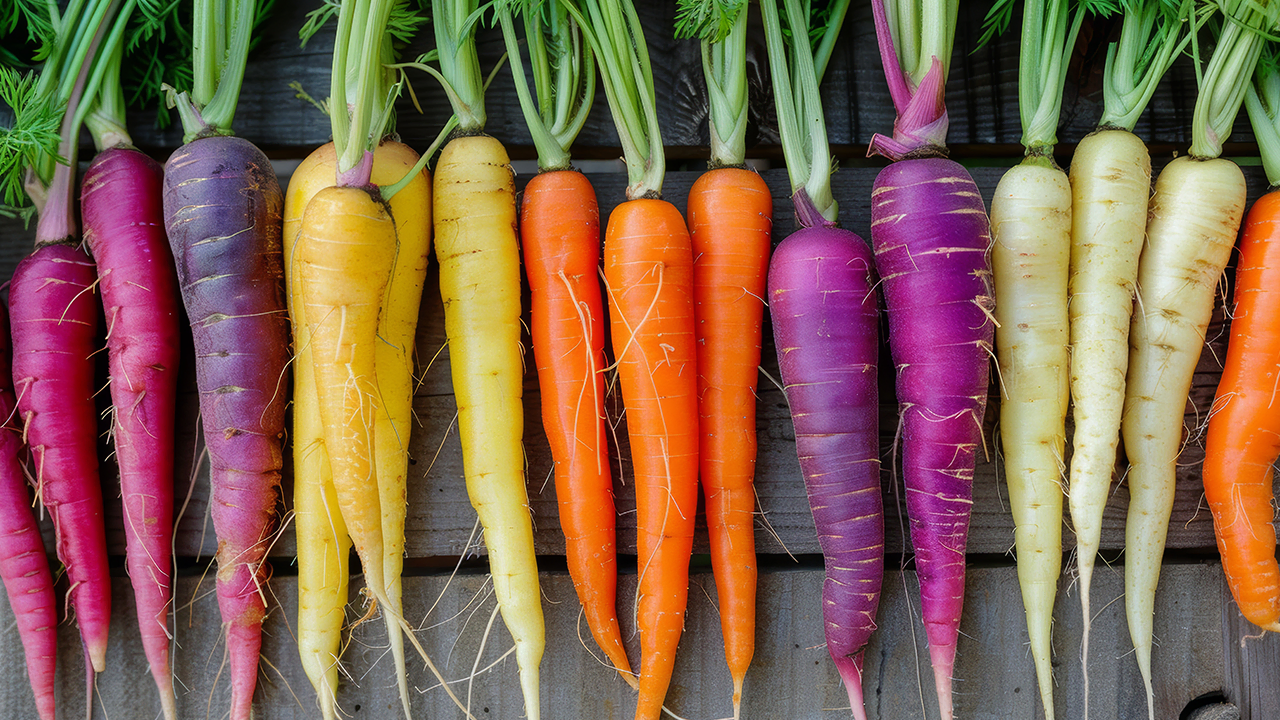 a bunch of different colored carrots on a table