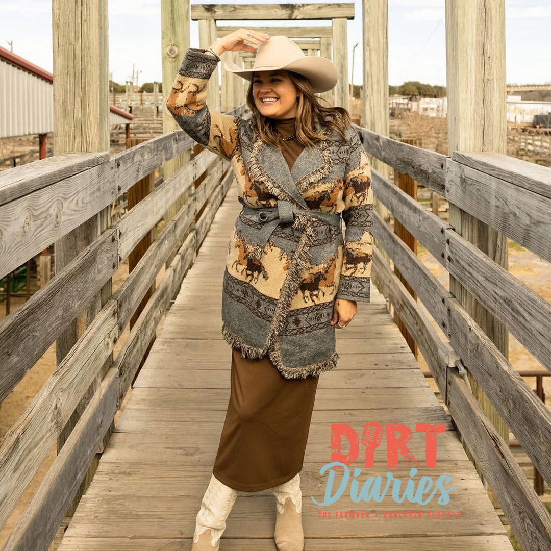 Mamie Brown McKee smiling on a wooden boardwalk. Dirt Diaries logo in salmon and light blue.
